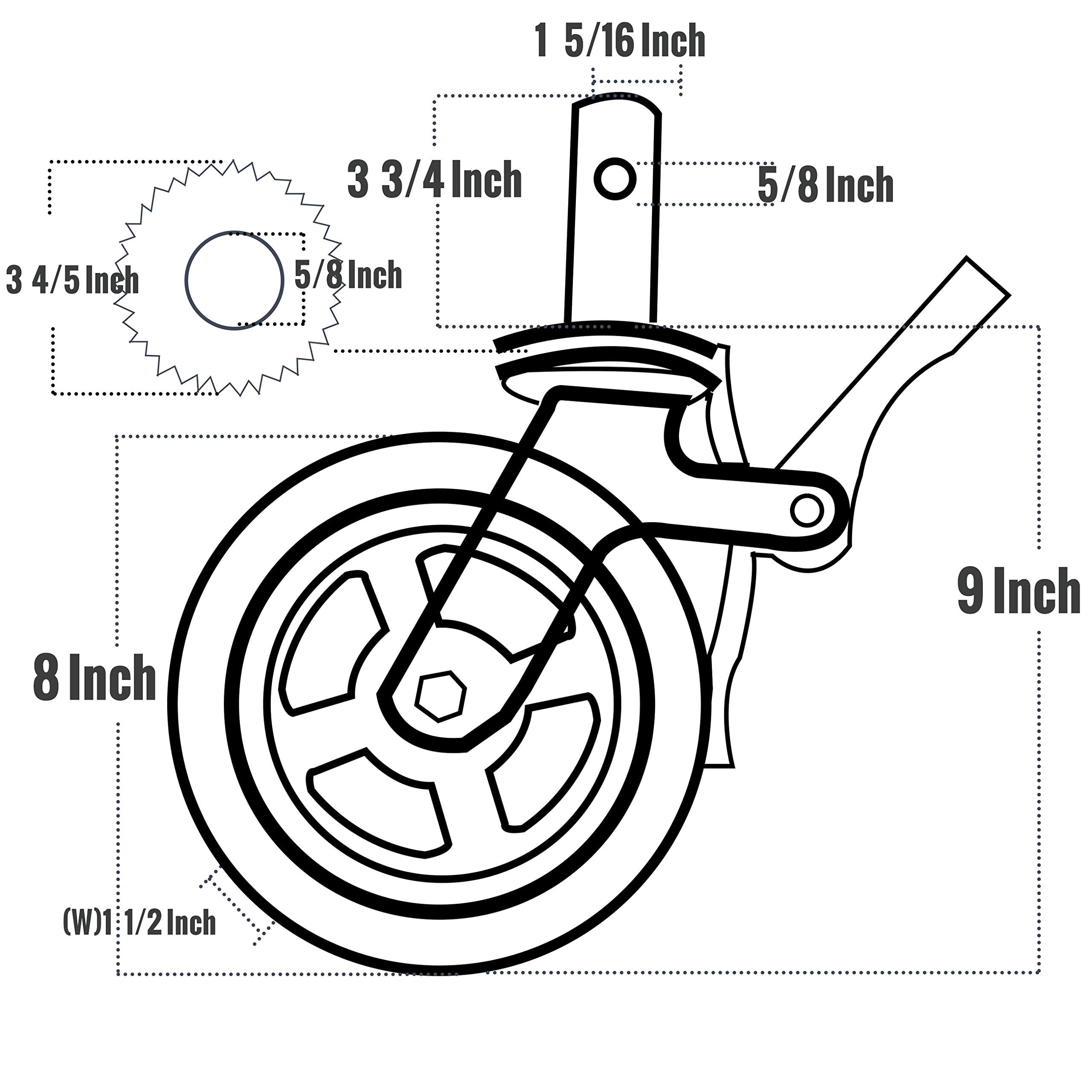 Set of 4 Scaffold 8"x2" Black Rubber Mold-on Steel Caster Wheel with Brake