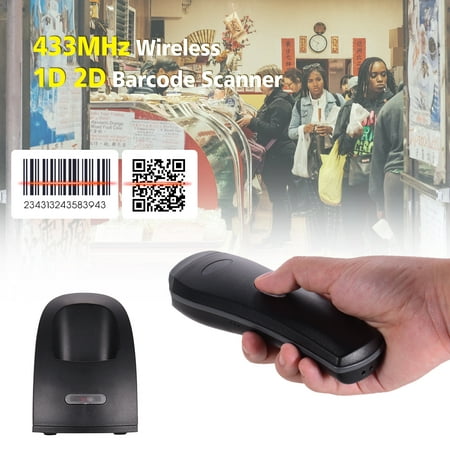 Handhold 433MHz Wireless 1D 2D Image Barcode Scanner with USB Cradle Receiver Charging Base Long Transmission Distance Bar Code Reader for Mobile Payment Supermarket Store Computer Screen