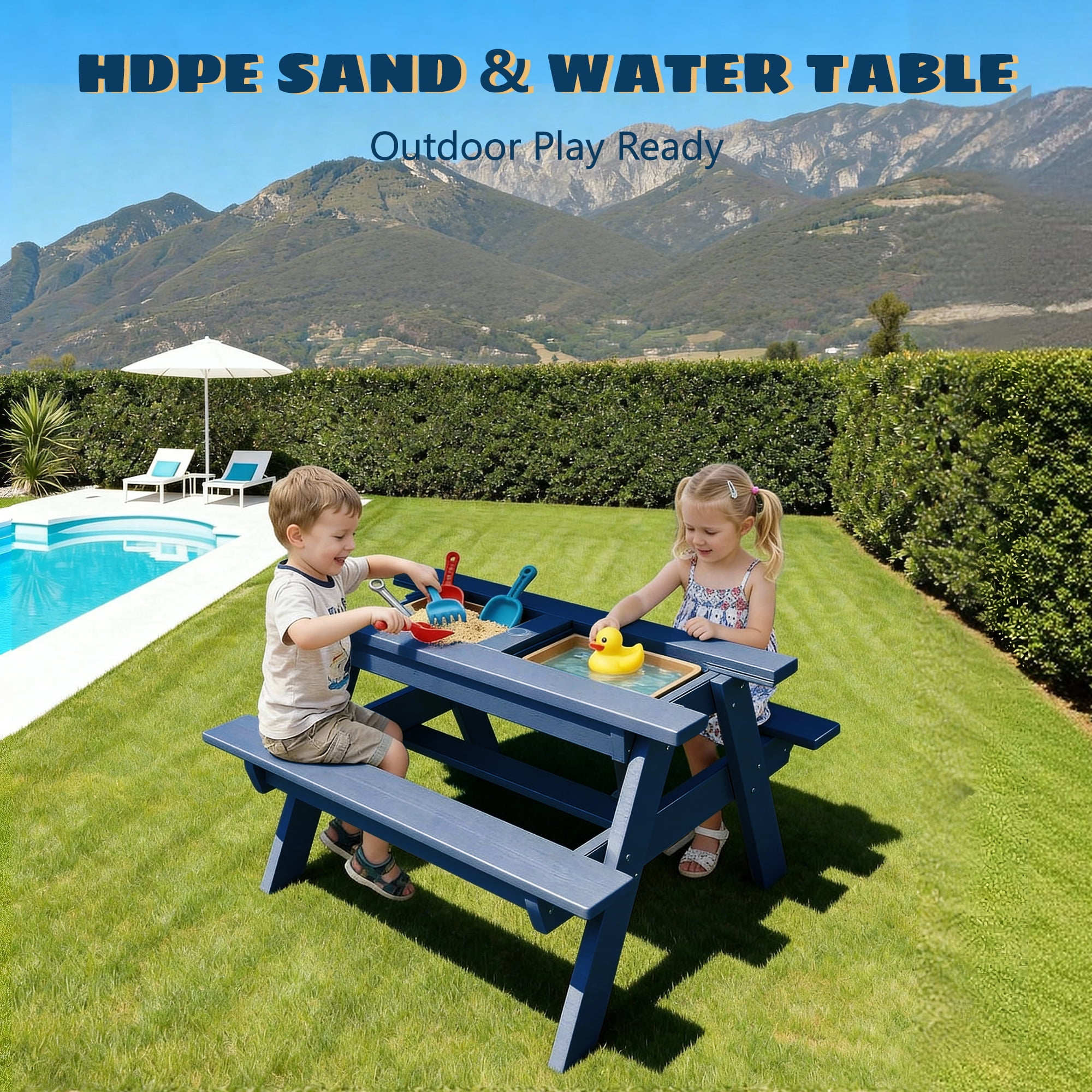 FOOWIN HDPE Kids Picnic Table, 3 in 1 Outdoor Convertible Sand & Water Table with Removable Tabletop, Kids Outdoor Table for Backyard Patio Play, Navy Blue