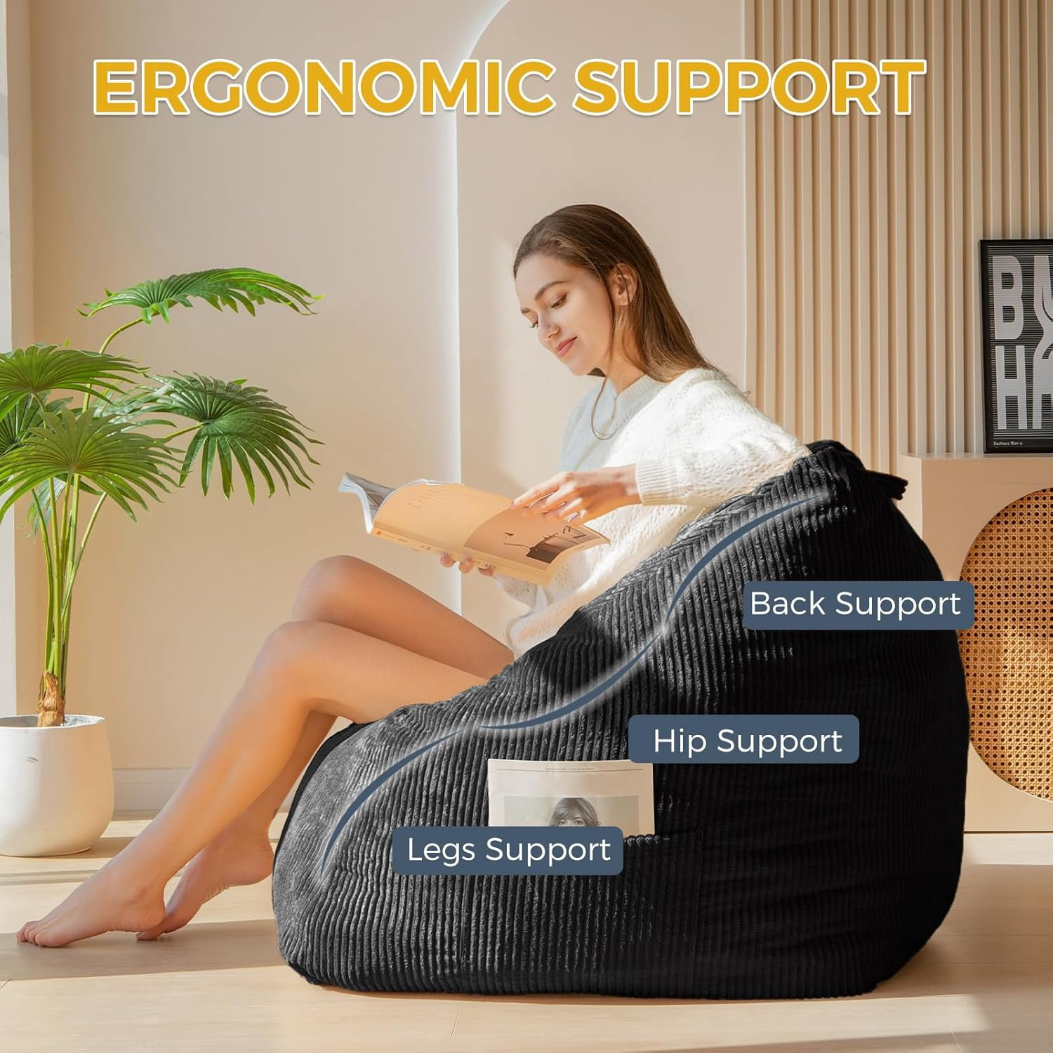 Leumius Bean Bag Sofa,Bean Bag Chair with Tufted Soft Stuffed Filling,Lazy Sofa BeanBag Chairs with Memory Foam for Dorm, Apartment, Living Room,Black