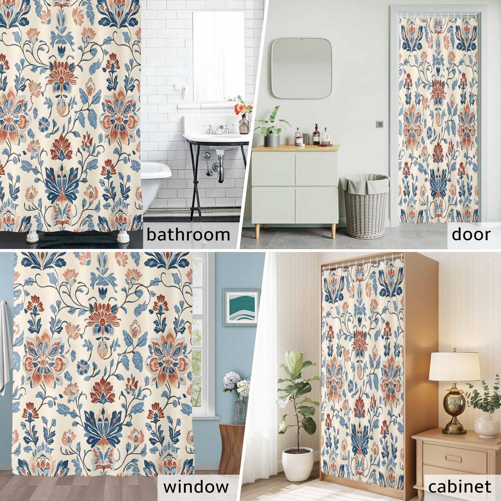 Shower Curtain Bathroom Set Boho Abstract Flower Botanical Waterproof Fabric Shower Curtains with Grommets&Hooks, Retro Ombre Blue Floral Privacy Bath Curtain for Bathtub 72x84in