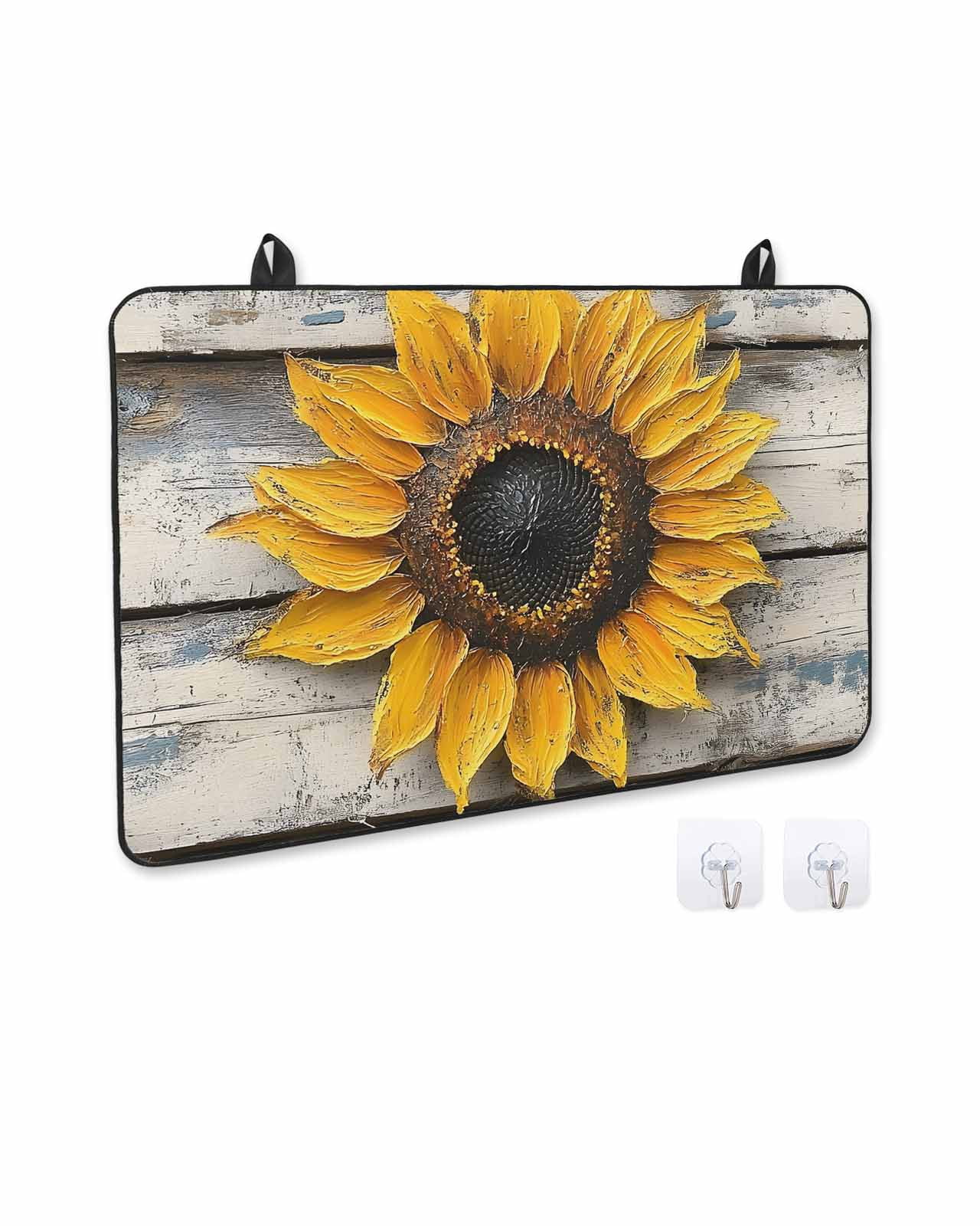 nqOlkjepod Large Induction Cooktop Protector Mat 24"x21", Sunflowers Stove Top Covers for Electric Stove, Retro Farmhouse Floral Leaves Wooden Grain Stove Burner Cover Mats, Glass Top Stove Cover