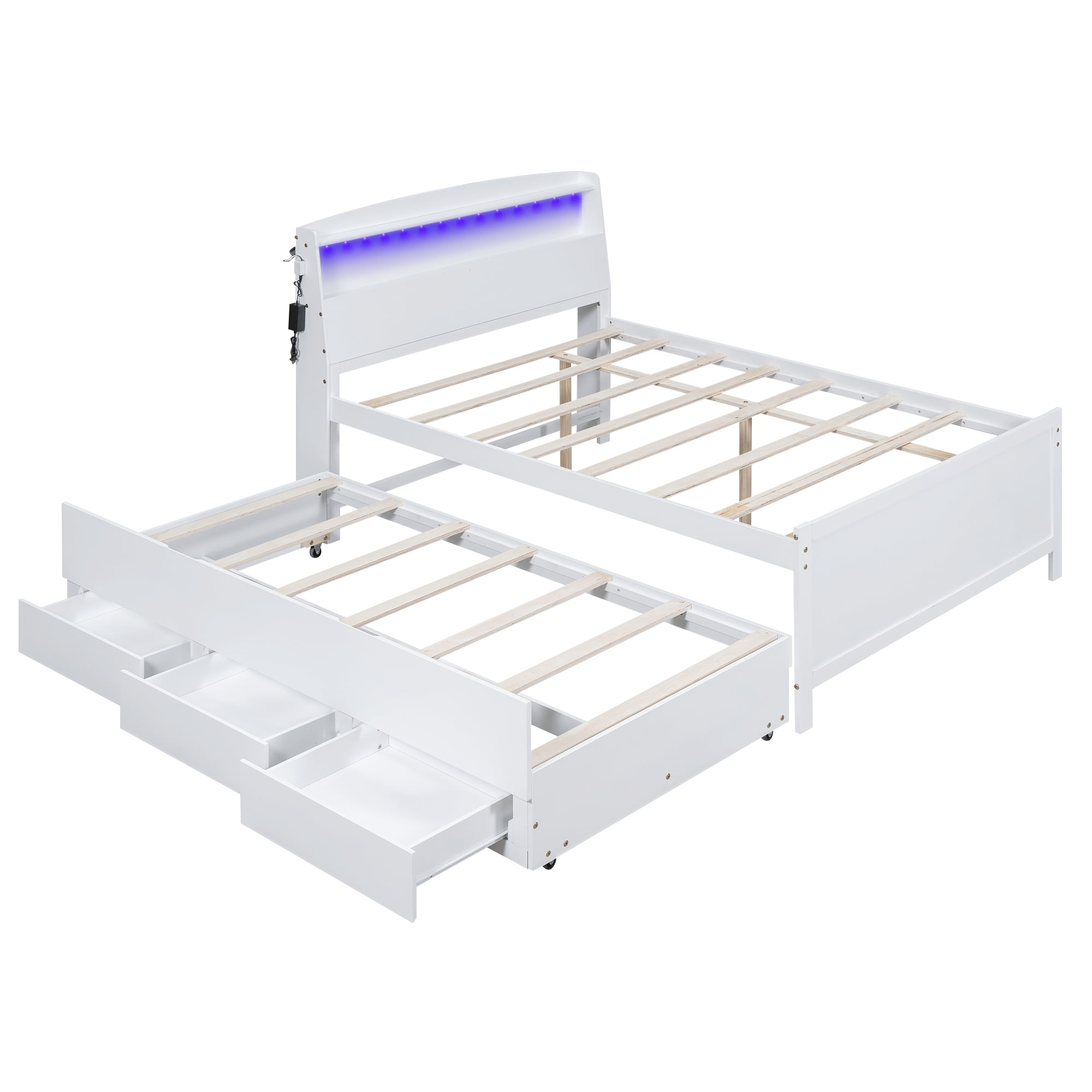 Euroco Wood Full Size Platform Bed with Storage Headboard, Drawers Trundle and LED Light for Kids Teens, White