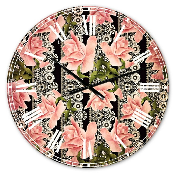 Designart 'Black Lacy Roses Pattern' Traditional wall clock