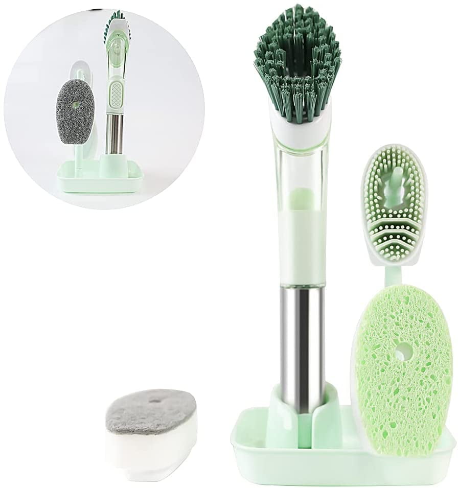 Soap Dispensing Dish Brush Set, Dish Brush Set with Holder for Kitchen