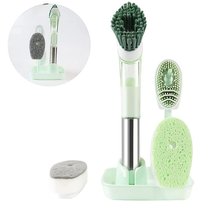 Ensemble de Brosses à Vaisselle avec Distributeur de Savon, Brosse à Vaisselle avec Support pour Cuisine, Têtes de Brosse de Rechange, Brosse à Récurer Réutilisable pour Contrôler le Savon