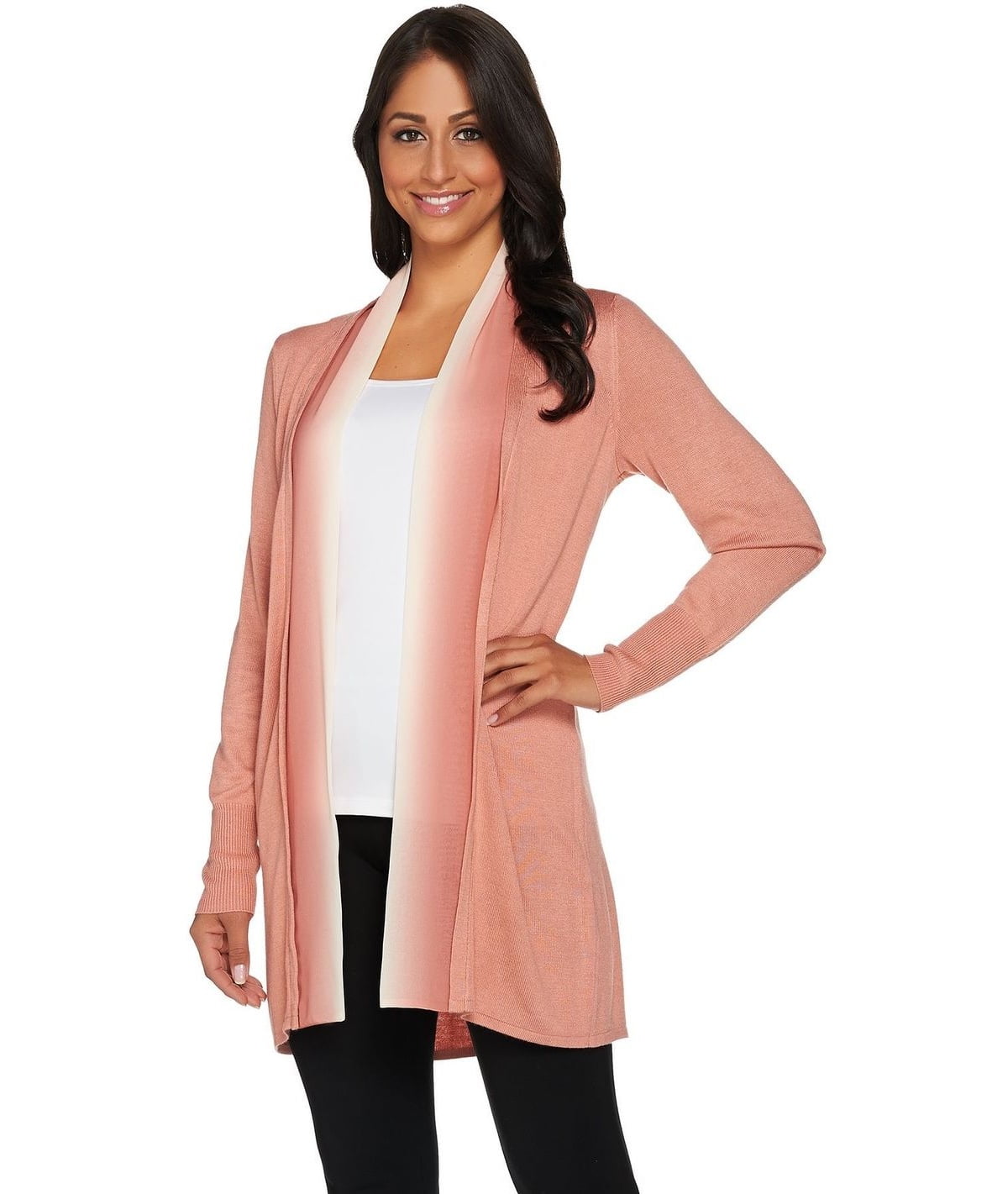 H by Halston - Halston Open Front Cardigan Ombre Chiffon Trim A278926 ...