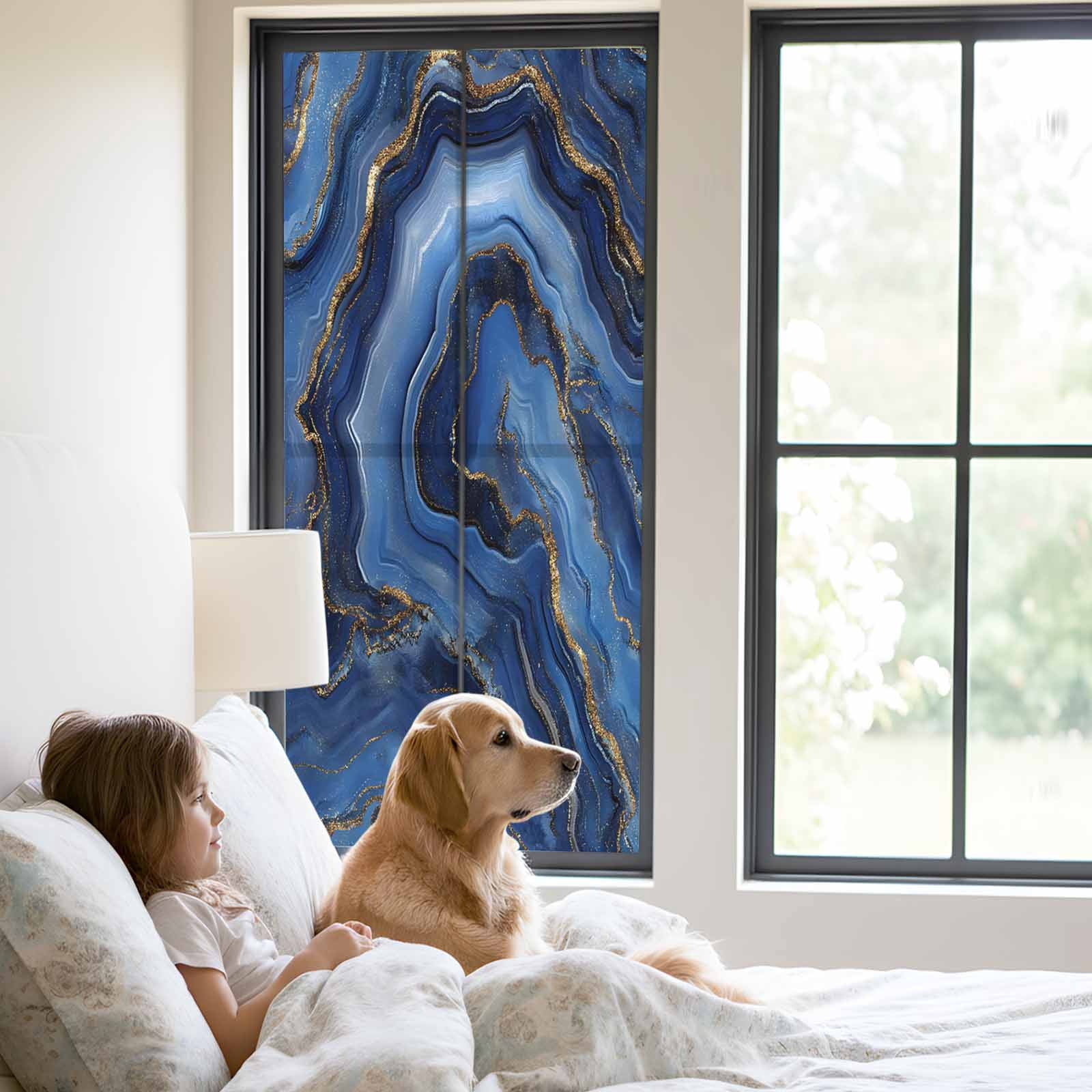 Navy Blue Marble Window Privacy Film, Contemporary Ink Painting Abstract Static Cling UV Sun Blocking Heat Control Window Tint Day and Night, Non-Adhesive One Way Windows Privacy Cover 23.6''x59''