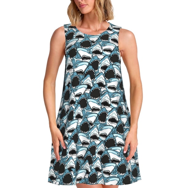 Easygdp Angry Shark para Vestido Transpirable de Mujer, Vestido Suelto de Manga Corta con Pliegues y Bolsillos para el Verano