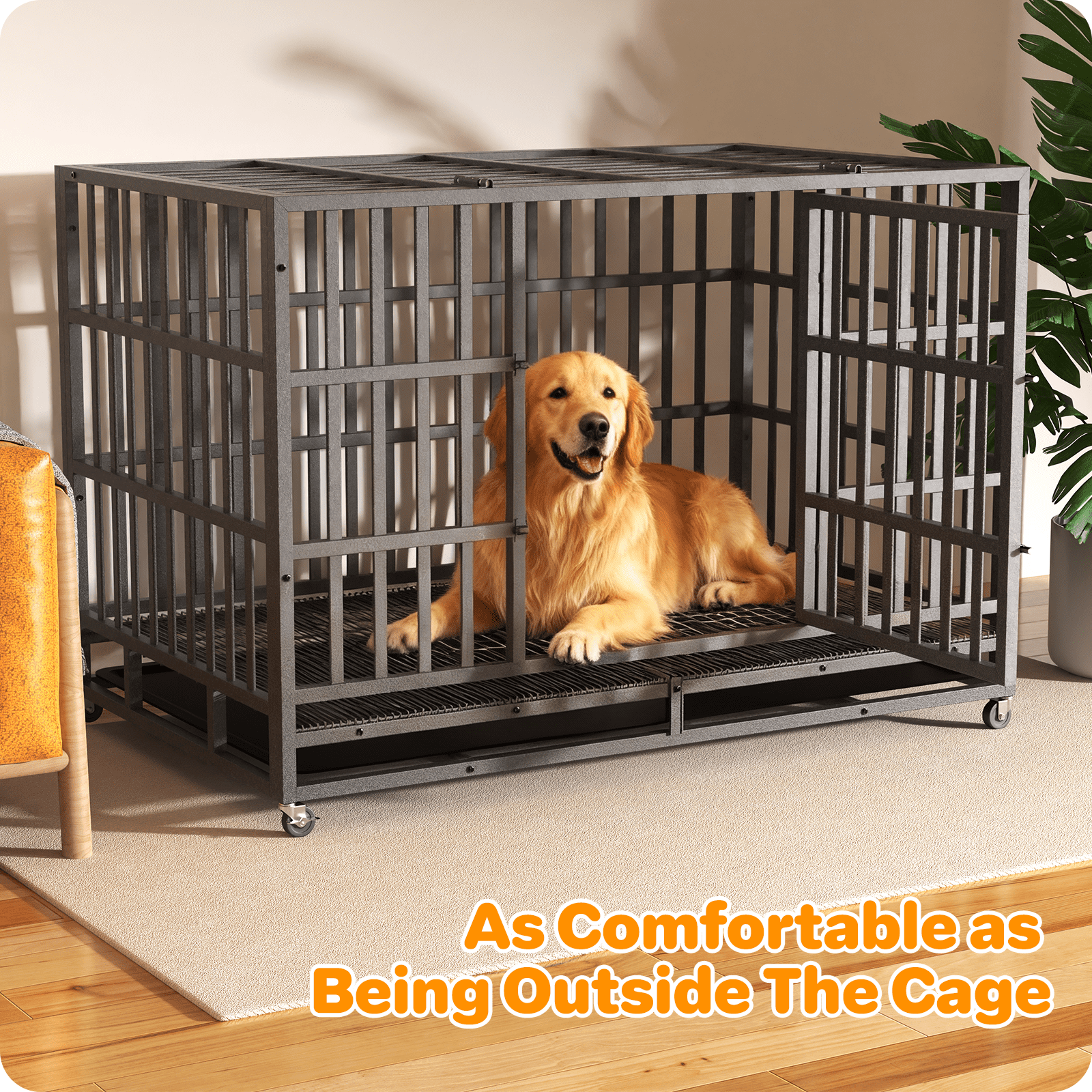 YOKWOK 48 Inch Heavy Duty Dog Crate for Large Dogs, Indestructible Chew Proof Steel Escape Proof Dog Cage for High Anxiety, XL Metal Dog Kennel with Locking Wheels and Removable Tray