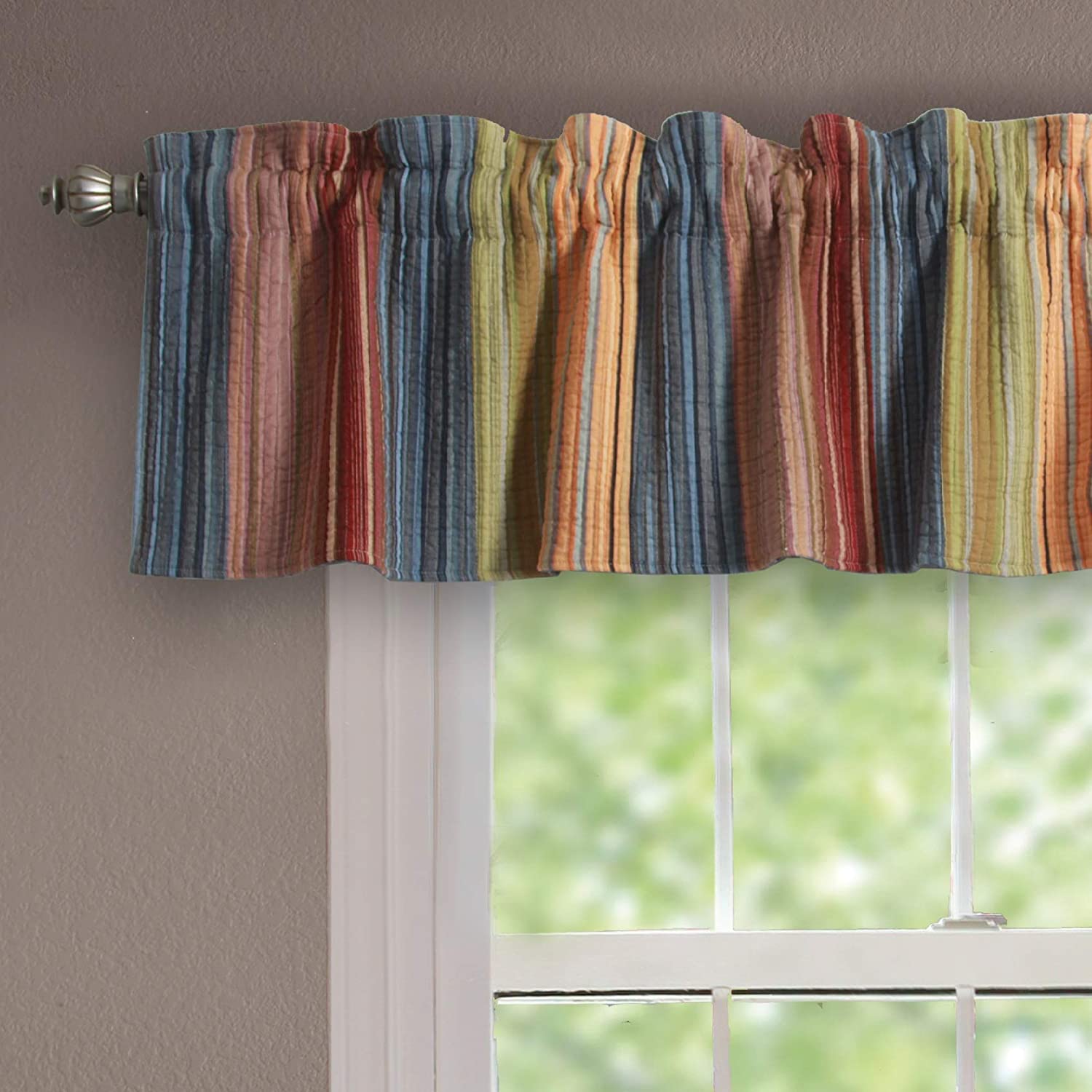 Greenland Home Fashions Katy Reversible Window Valance, Multi-color Stripe, Rod Pocket Style, 100% Cotton, 84"W x 16"L, Plus a 2" header