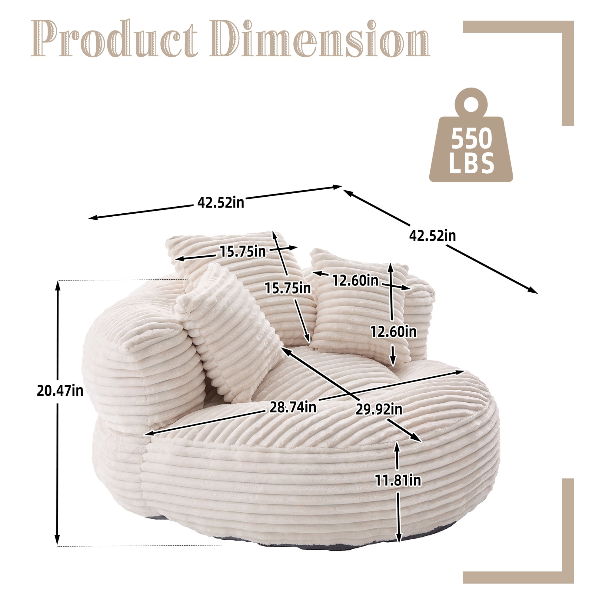 CKEASEAN Oversized Bean Bag Chair for Adults with Armrests & 3 Pillows, Corduroy Bean Bag Sofa with Memory Foam Filler, Lazy Floor Chair No Assembly, Comfy Lounge Seat for Living Room Relaxing