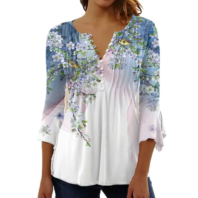 MAWCLOS Ladies Summer Tops Floral Print T Shirt V Neck T-shirt Breathable Holiday Button Tee White Blue M