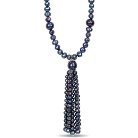 4-11mm Black Cultured Freshwater Pearl Sterling Silver Tassel Necklace, 30