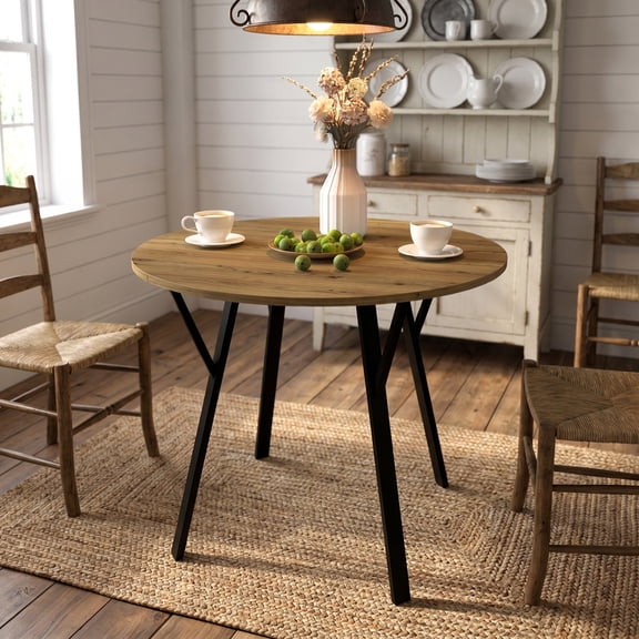 Homy Casa 35.4" Round Dining Table, Modern Wood Grain MDF Kitchen Dining Room Table for 2-4 People, Rustic Brown