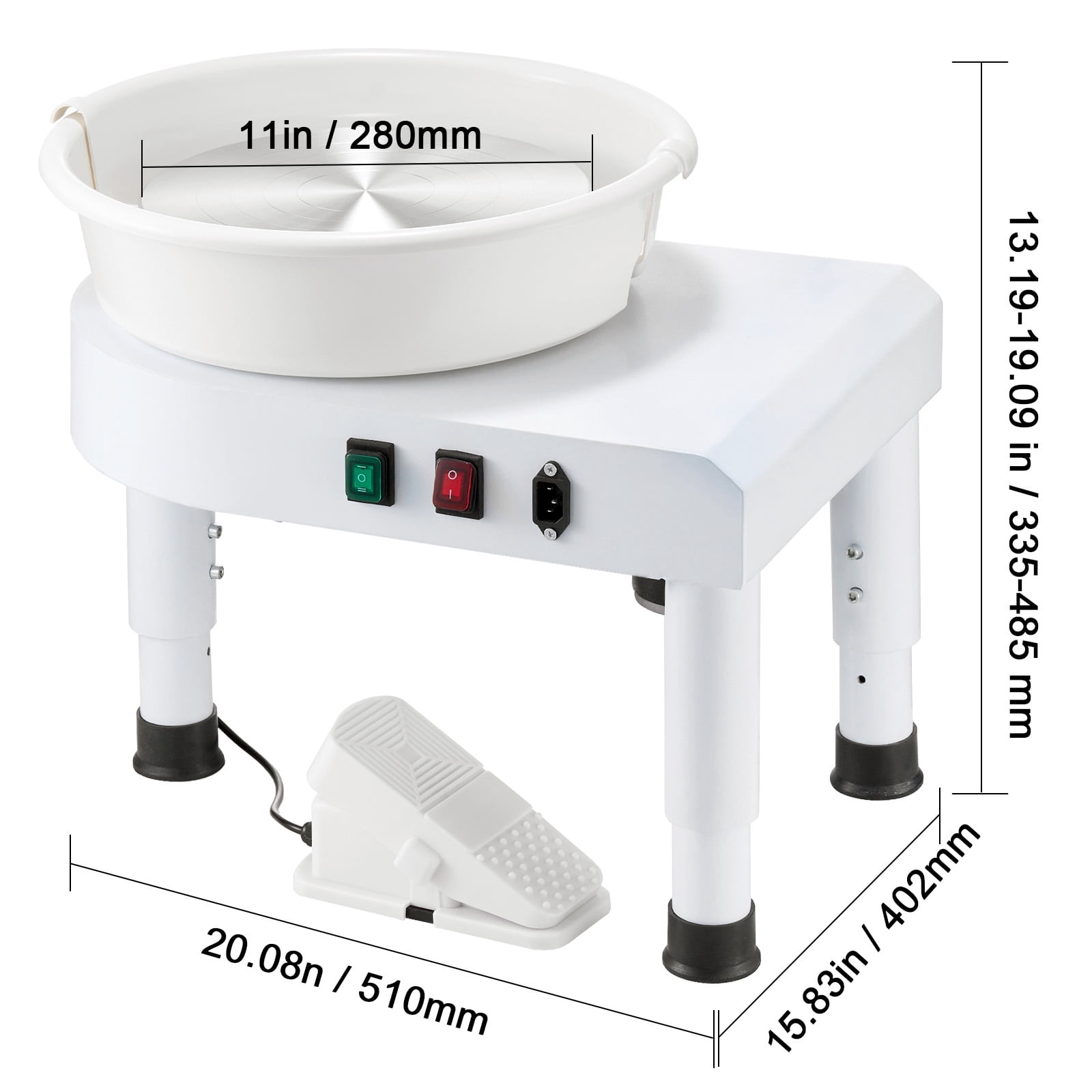 KFFKFF Pottery Wheel with 11-inch Ceramic Surface, Adjustable Speed 60-300 RPM, Foot Pedal Control, Height-Adjustable Legs, Removable Basin, and Full Tool Kit for DIY Crafting and Art Projects, White