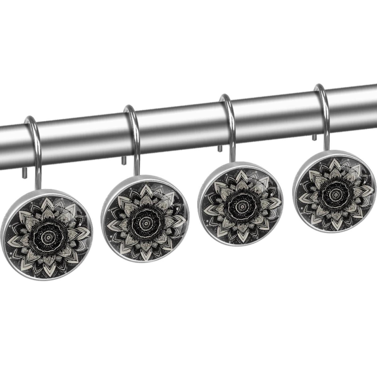 Dark Bohemian Mandala Shower Curtain Hooks Round Crystal Glass, Set of 12 Shower Curtain Rings - Shower Hooks for Curtain Shower Rings
