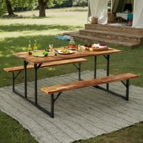 Demifill 6-Person Acacia Wood Picnic Table with 2 Built-In Benches, Table with Umbrella Hole for Outdoor as Garden, Backyard, Porch, Brown