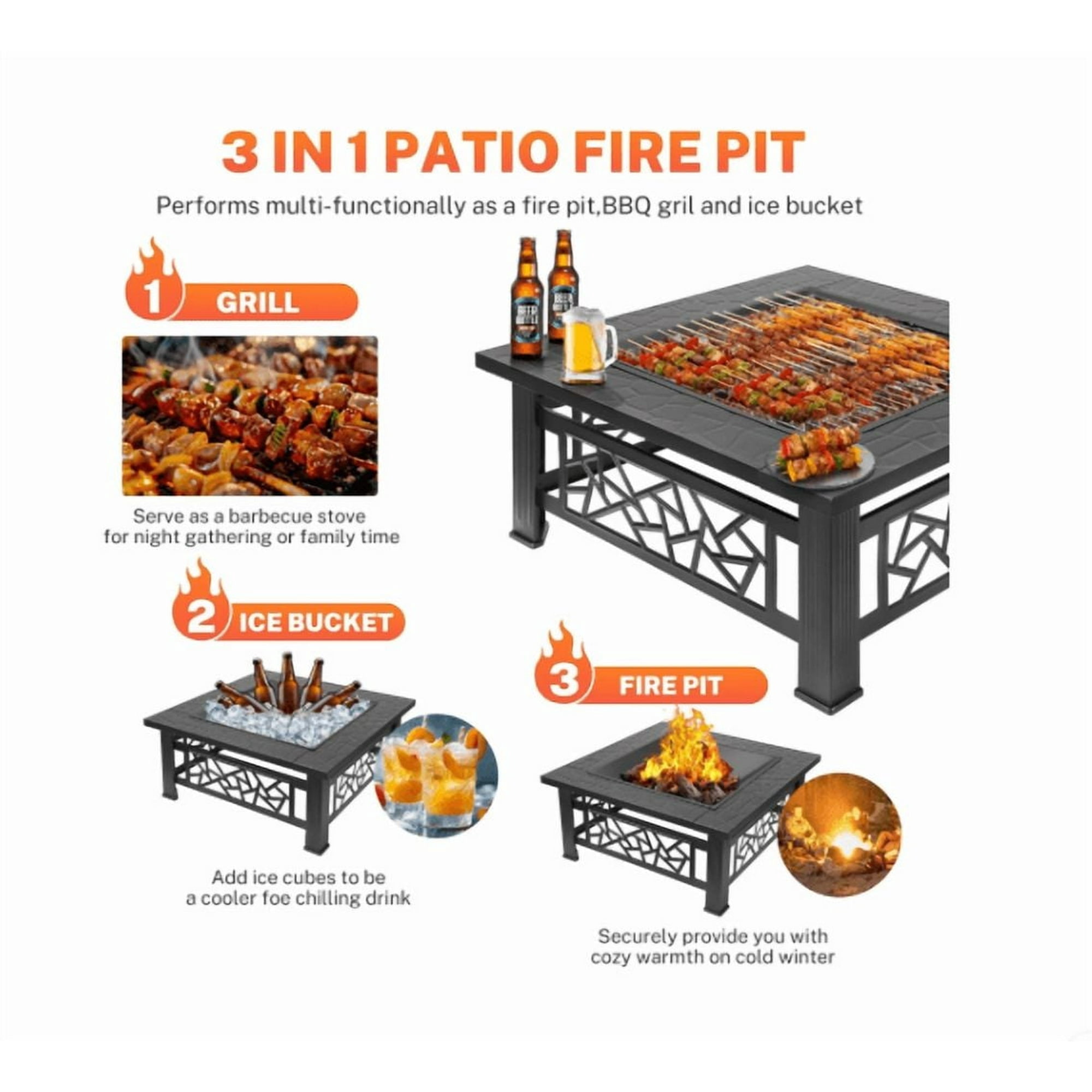 Sesslife Fire Pits for Outside, 32 Inch Square Wood Burning Fire Pit Table with Spark Screen and Fire Poker,Multifunctional Fire Pit Table for Patio,Backyard,Garden