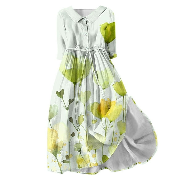 Women's Summer Tea Length A Line Dress Fashion Lapel V Neck Button Flowy Fall Dress Floral Boho Clearance 3/4 Sleeve Spring Elegant Casual Drawstring Workout Yellow L