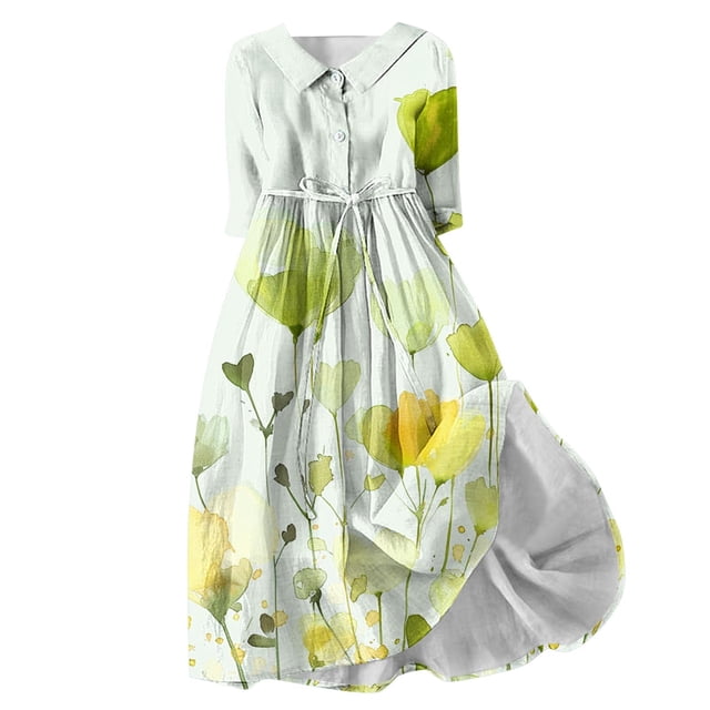 Birdeem Robe à Manches Longues Col Rabattu Robe d'Été Imprimée Mode Trois-Quarts Col Rabattu
