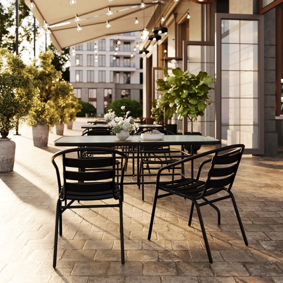 Flash Furniture 5 Piece Outdoor Patio Dining Set - 55" Tempered Glass Patio Table with Umbrella Hole, 4 Black Metal Aluminum Slat Stack Chairs