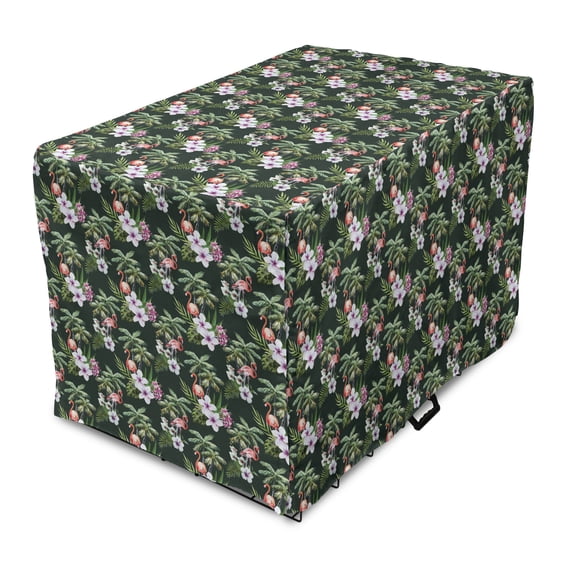 Tropical Dog Crate Cover, Pattern of Bouquet with Exotic Flowers Leaves Palms and Flamingos, Easy to Use Pet Kennel Cover Small Dogs Puppies Kittens, 7 Sizes, Hunter Green Multicolor, by Ambesonne