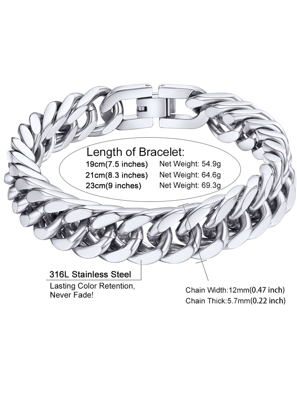 ChainsHouse Silver Cuban Link Bracelet for Men Chunky 8mm/12mm/17mm Width Men's Chain Bracelets Stainless Steel Punk Jewelry Gift