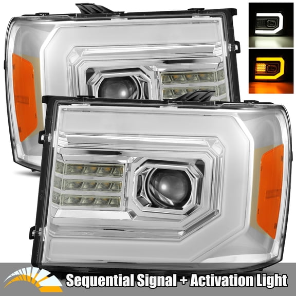 AlphaRex PRO-Series Chrome Fit 07-13 GMC Sierra 1500/07-14 Sierra 2500HD/3500HD LED Tube Dual Projector Headlights with Switchback DRL/Sequential Signal/Activation Light