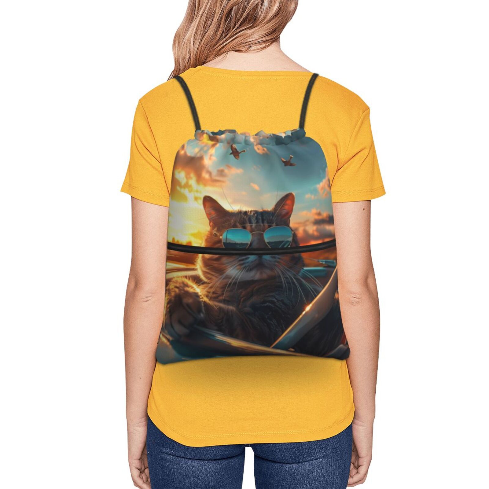 Xecao Cool Cat Driving Sunset for Drawstring Bags,Pull String Backpack Bags,String Bag Sackpack