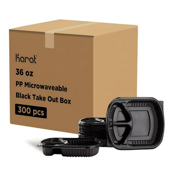 Karat 36oz PP Plastic Microwaveable Black Take Out Box, 3-compartments - 300 pcs