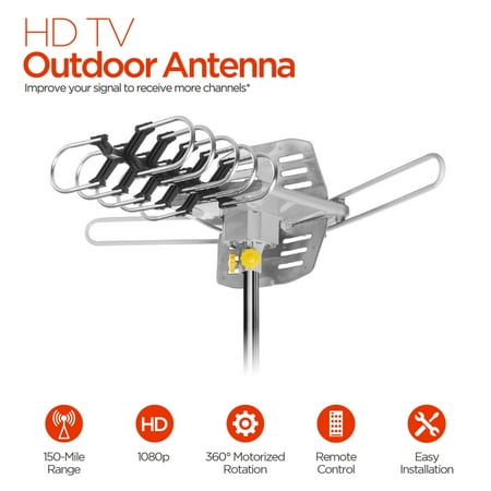 HDTV Antenna Digital Amplified Outdoor Antenna 150 Miles Range 360 Degree Rotation Wireless Remote Support 2 TVs.UHF/VHF 4K 1080P Channels Reception, 33ft