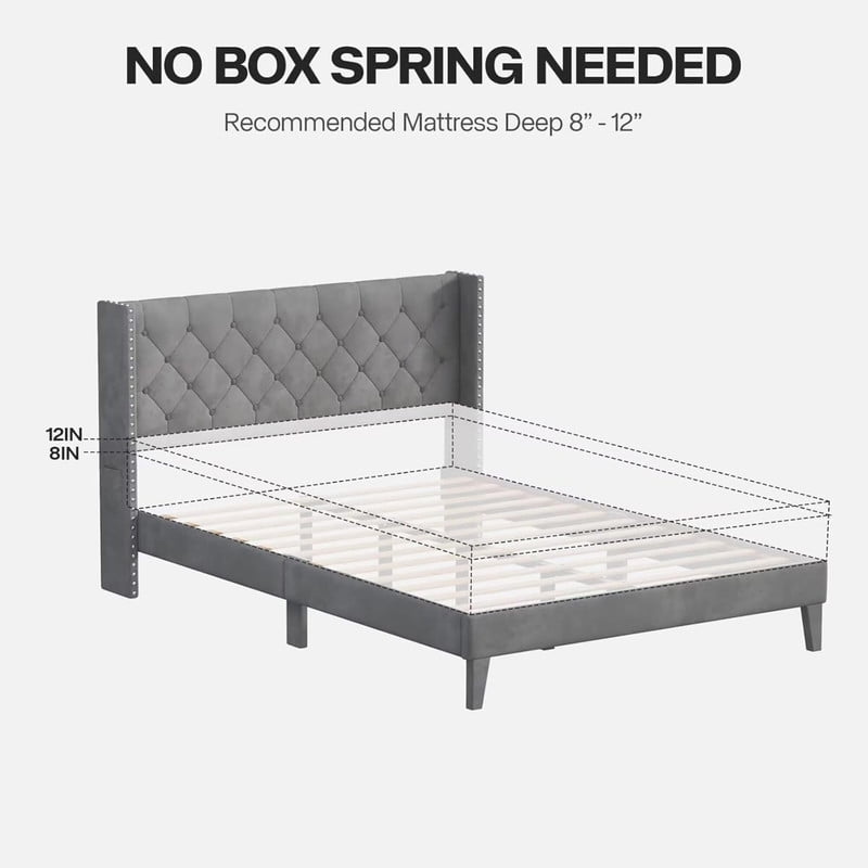 Full Size Upholstered Platform Bed Frame with Wingback Headboard, Diamond Tufting, and LED Lights - Wood Slat Support, No Box Spring Needed, Easy Assembly, Noise-Free, Grey