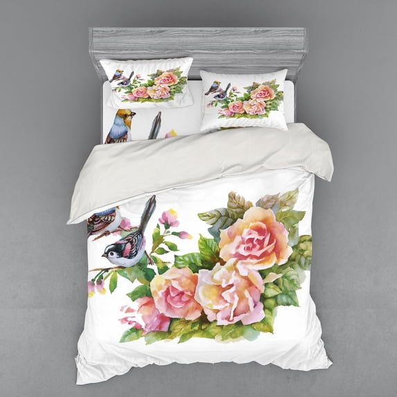 Ambesonne Spring Bedding Set 4 Pcs, Wild Exotic Birds Roses, Queen, Multicolor