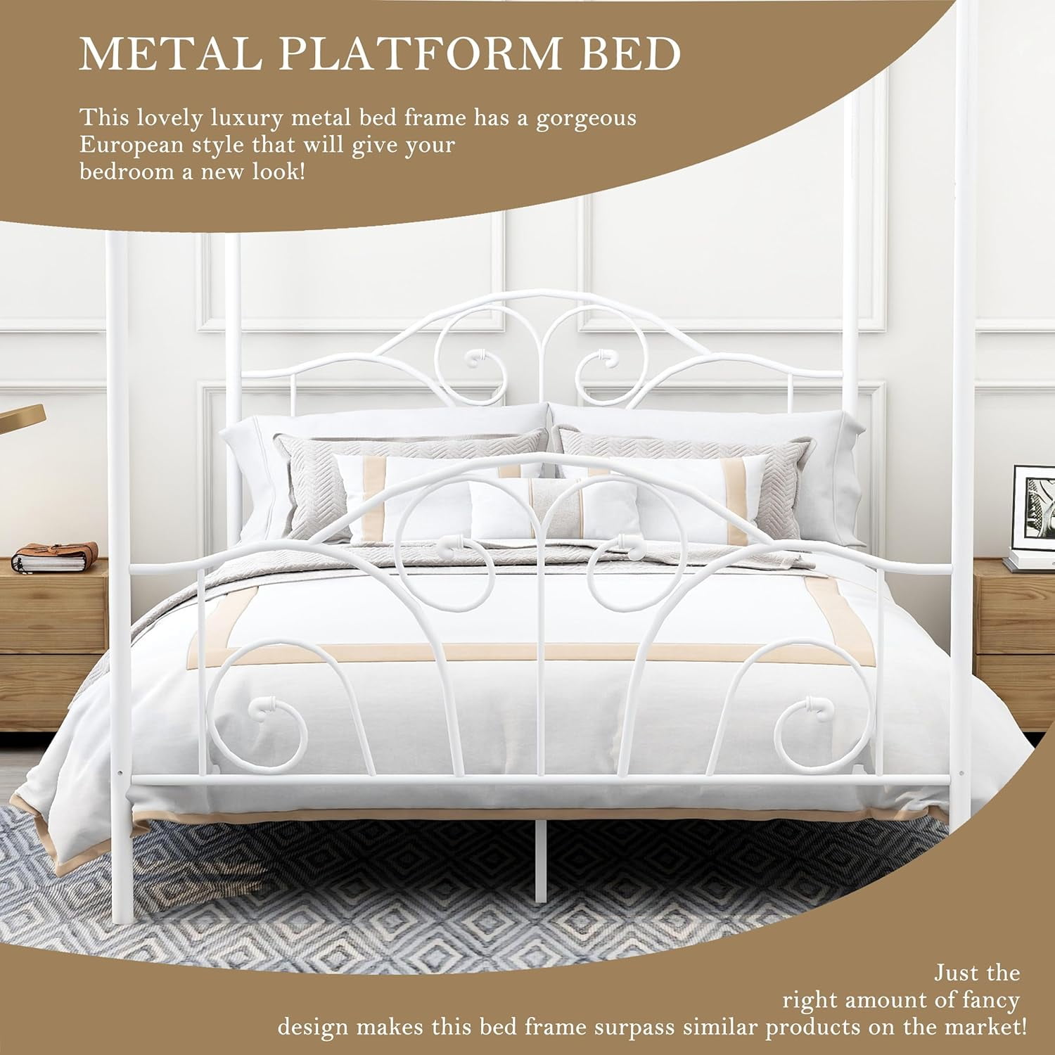 AUFANK Vintage Four Post Metal Canopy Bed Frame, Full Size, White