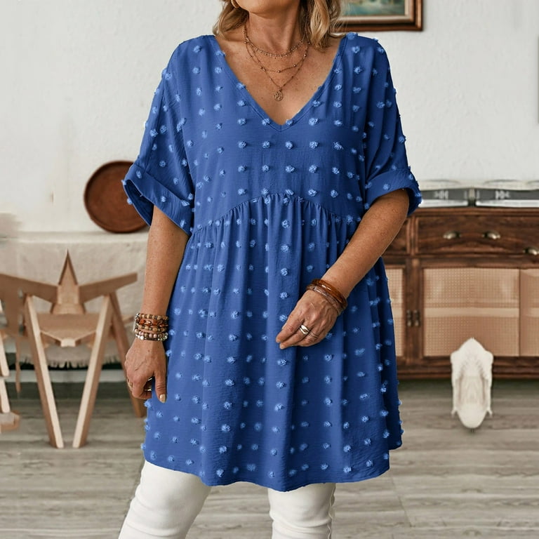 FNFYFH Holiday Dresses for Women Short Sleeve V Neck Mini Dress Cute Swiss  Dot Patchwork Dress - Walmart.com