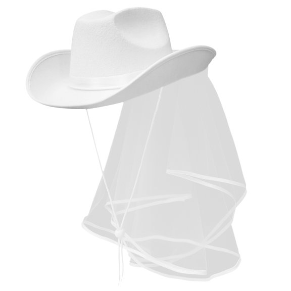Nicehomfit White Cowgirl Hat with Bride Veil, Nonwoven Fabric, Perfect for Western Style Wedding and Bridal Accessories
