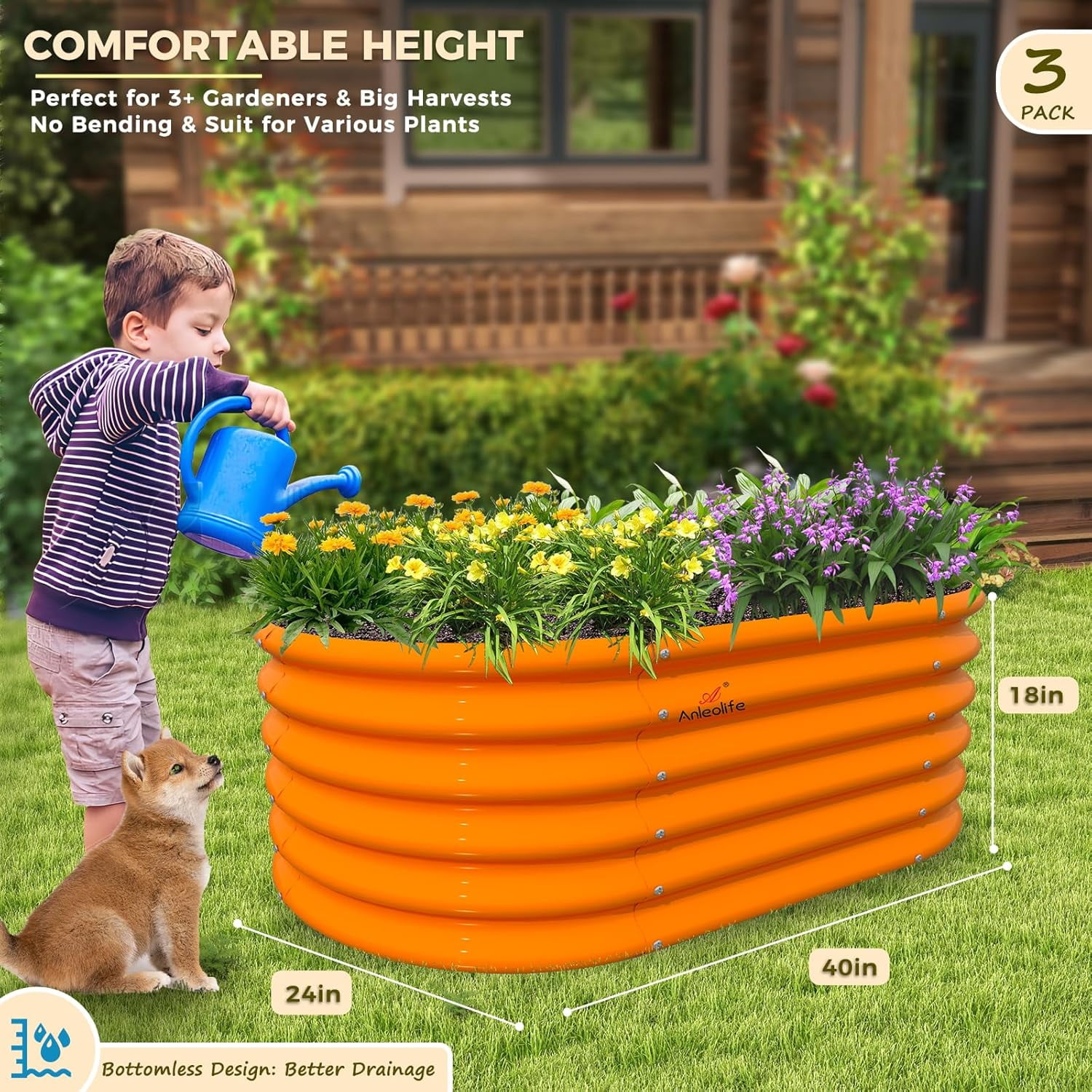 Kids Raised Garden Beds Outdoor (3-Pack)-40x24x18in Oval Round Galvanized Metal Planter Box for Planting Vegetables, Flowers, Fruits, Eco-Safe & Easy Setup, Peach Orange