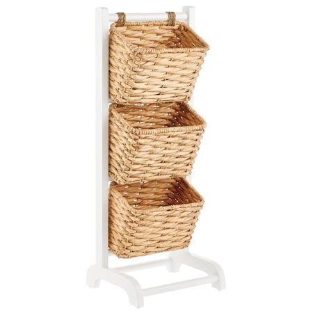 Black/Wood 2022 3 Tier Vertical Standing Storage Basket Stand Decorative Wood Storage Organizer Tower Rack with 3 Basket Bins