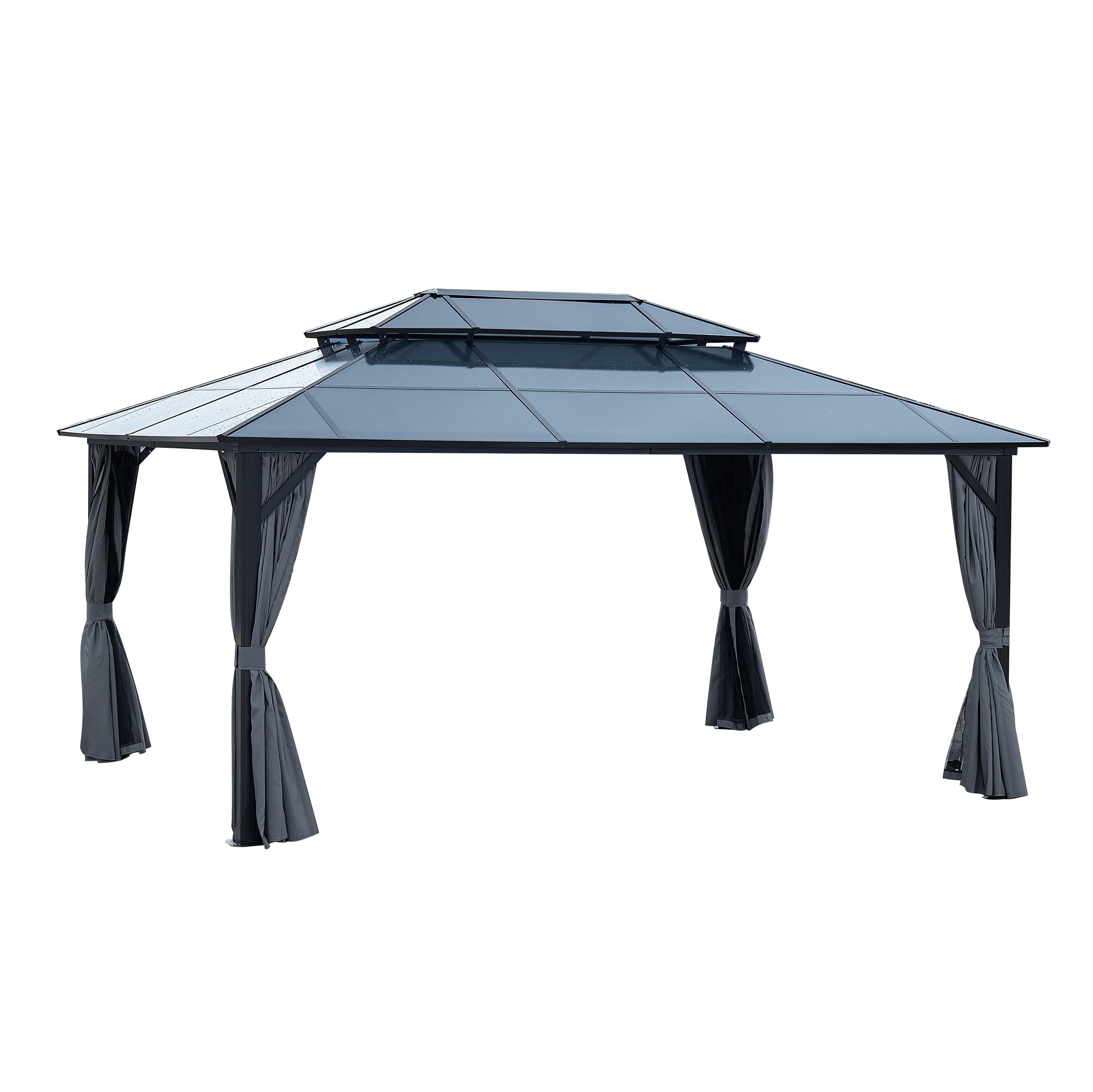 10'x13' Hardtop Gazebo, Outdoor Patio Gazebo with Polycarbonate Double Roof, Permanent Gazebo Pavilion with Curtain and Netting for Patio, Deck, Backyard, Black