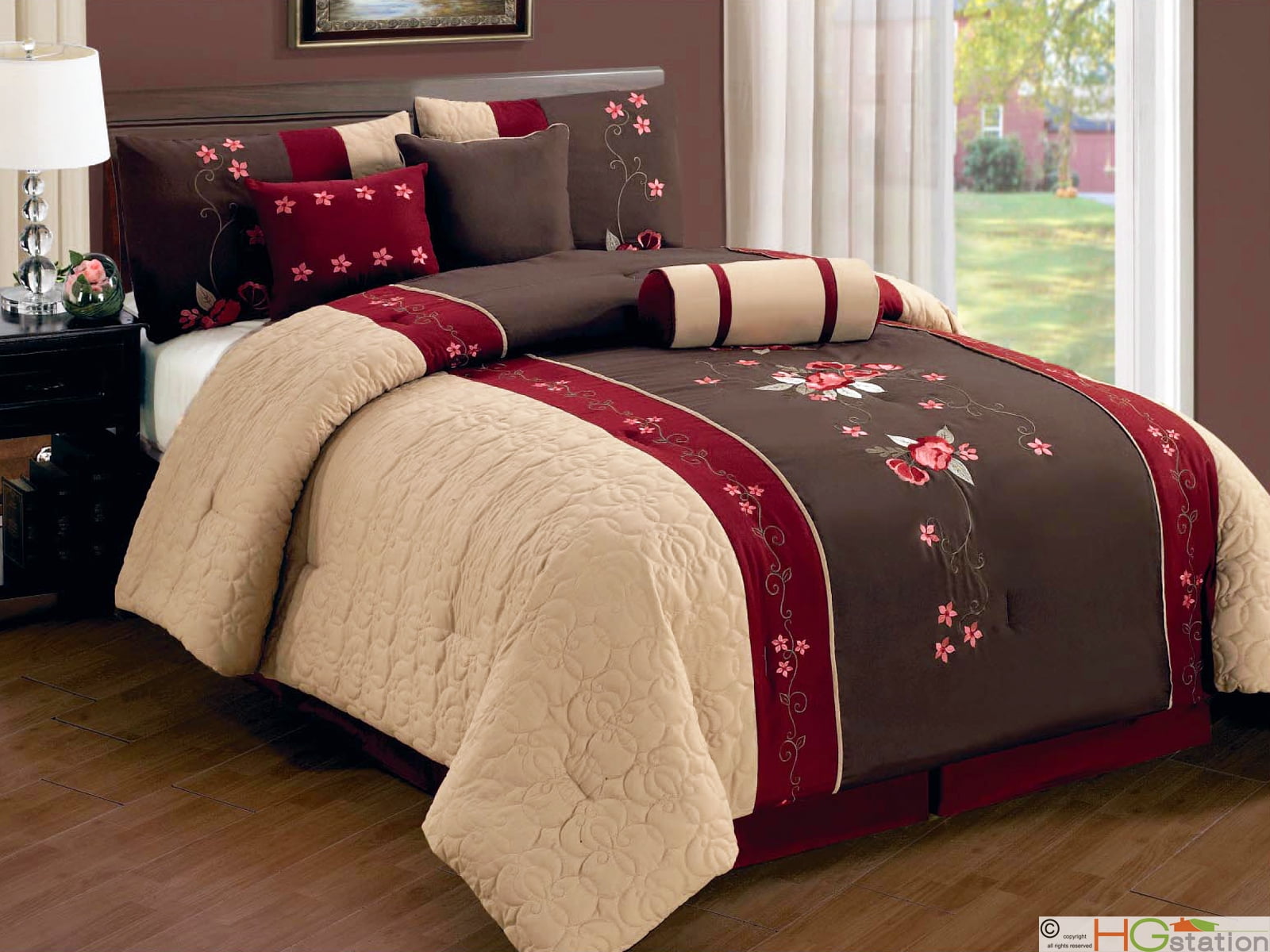 7Pc Quilted Embroidery Floral Flower Microfiber Comforter Set Burgundy