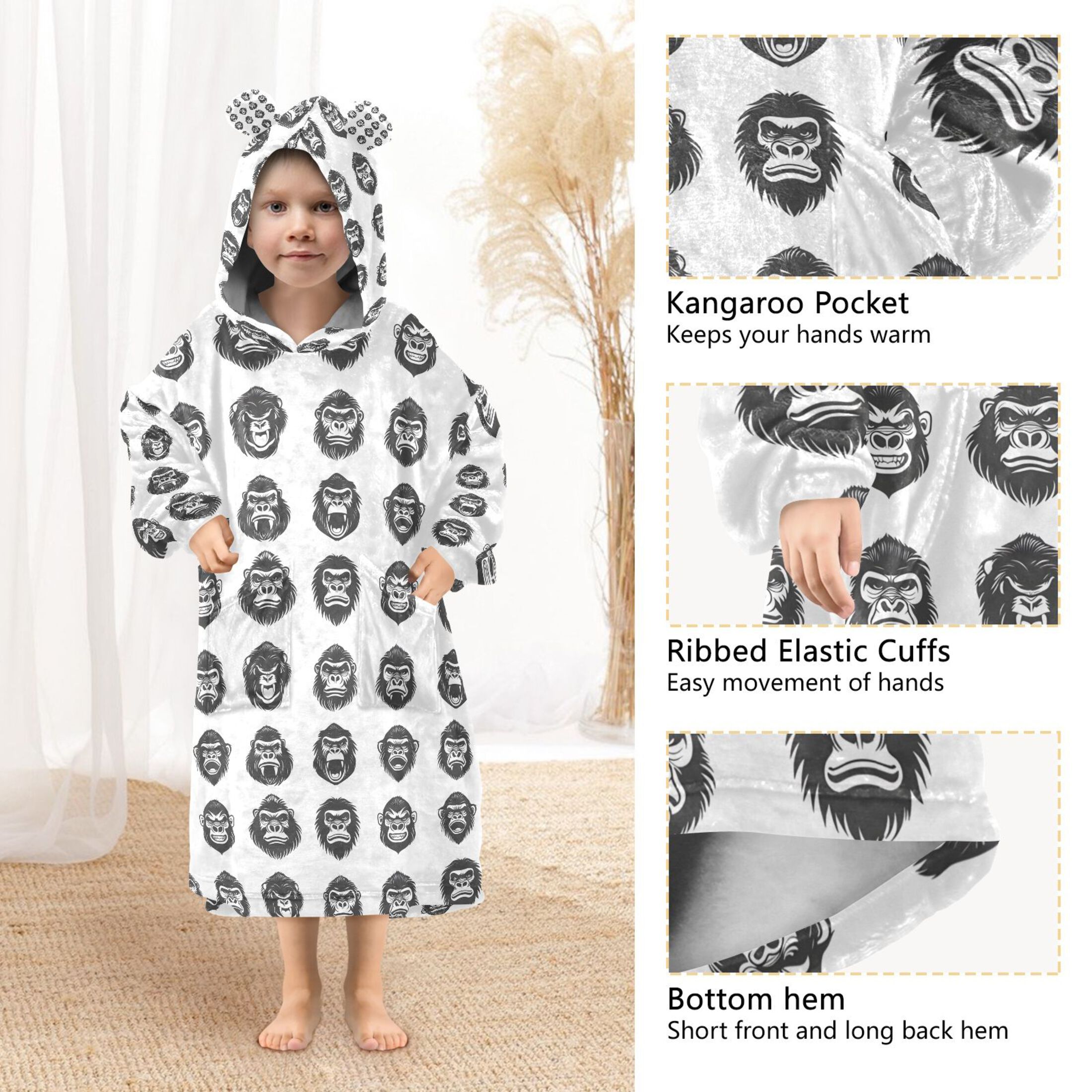 joogoo Blanket Hoodie for Gorilla Pattern Oversize Sweatshirt 3-14 YR L