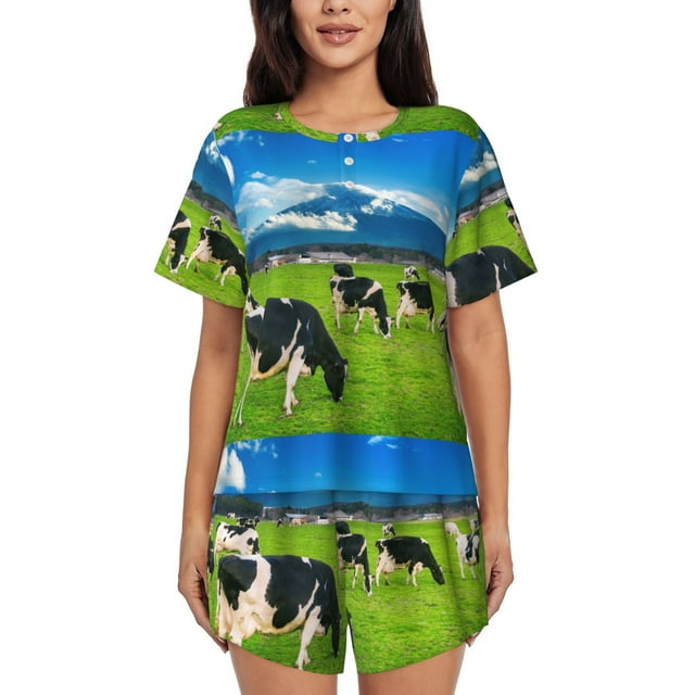 Xecao Grazing Cows Mountain View Pattern Women's Short Sleeve Pajama Set Soft Sleepwear Lounge Set with Button Front Top and Drawstring Shorts with Pockets-XX-Large
