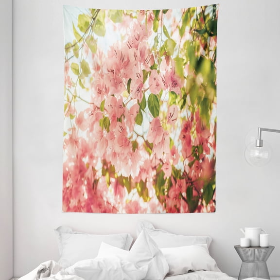 Spring Tapestry, Bougainvillea Flowers Branches in Sunny Summer Blossoms Nature Park View, Wall Hanging for Bedroom Living Room Dorm Decor, 60W X 80L Inches, Light Pink Olive Green, by Ambesonne