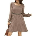 thumbnail image 4 of Ndbuld Womens Long Sleeve Fall Dresses Women's Casual Solid Color Lantern Sleeve Pocket Knitted Striped Dress,Khaki,2XL, 4 of 7