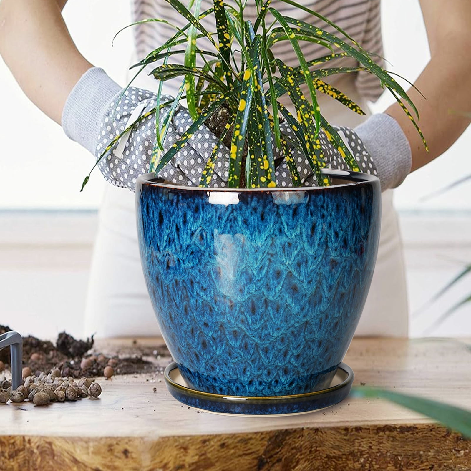 8 inch Blue Ceramic Planter with Drainage Hole & Saucer,Modern Reactive Glaze Flower Pot for Indoor Outdoor Large Plants, Home Decor & Patio