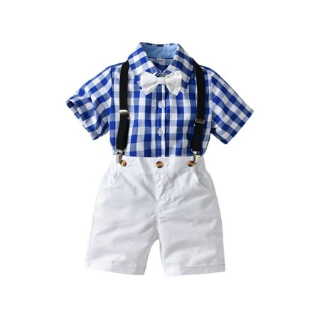 

Bebiullo Toddler Kid Boys Gentleman Outfits Suits Short Sleeve Shirt+Bib Pants+Bow Tie Clothes Set Blue White 3-4 Years