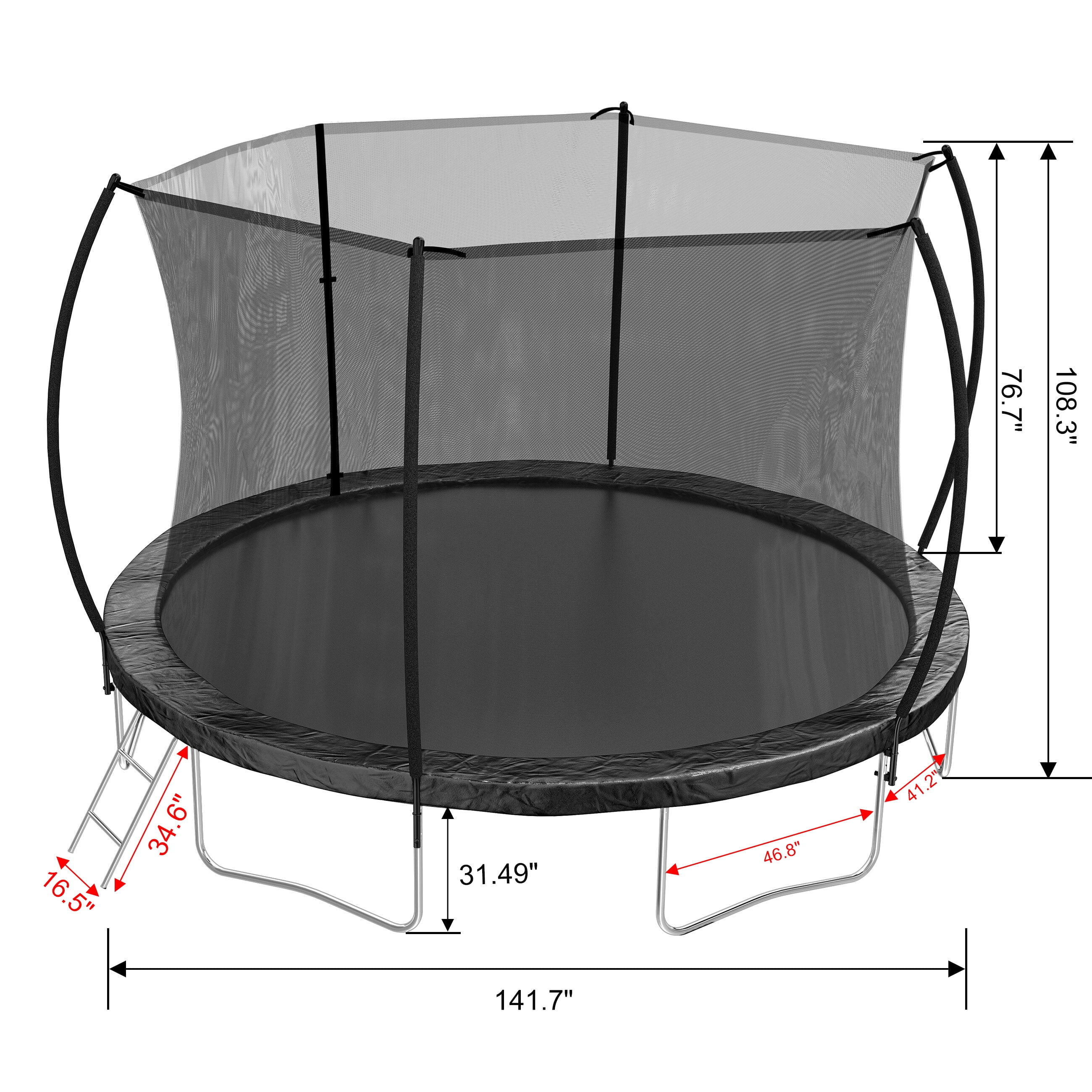 Mini Trampoline, 12FT Trampoline (Double-side color pad) , Trampoline for Kids and Adults with Enclosure Net and Ladder,Curved fence pole, Black Trampoline For Kids,Steel Fitness Trampoline