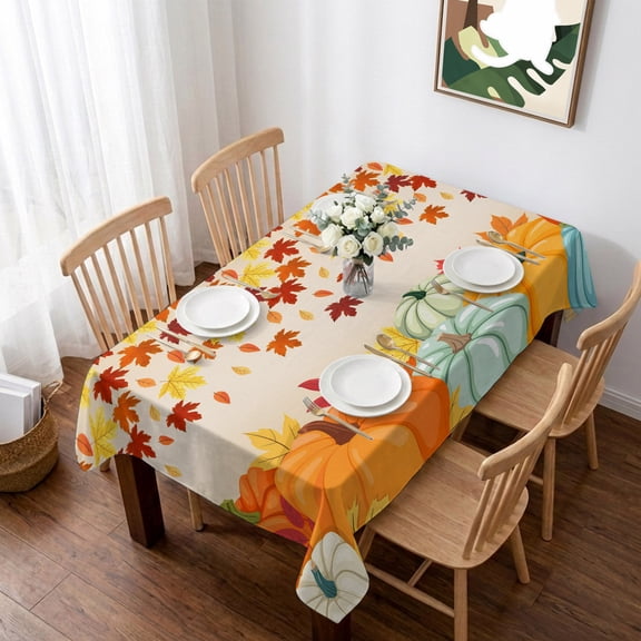 Fall Orange Pumpkins Table Cloth Waterproof Tablecloths, Autumn Farmhouse Maple Leaves Tablecloth Dining Table Cover for Kitchen Party Tabletop Outdoor, Rectangle Tablecloth 52x70 Inch