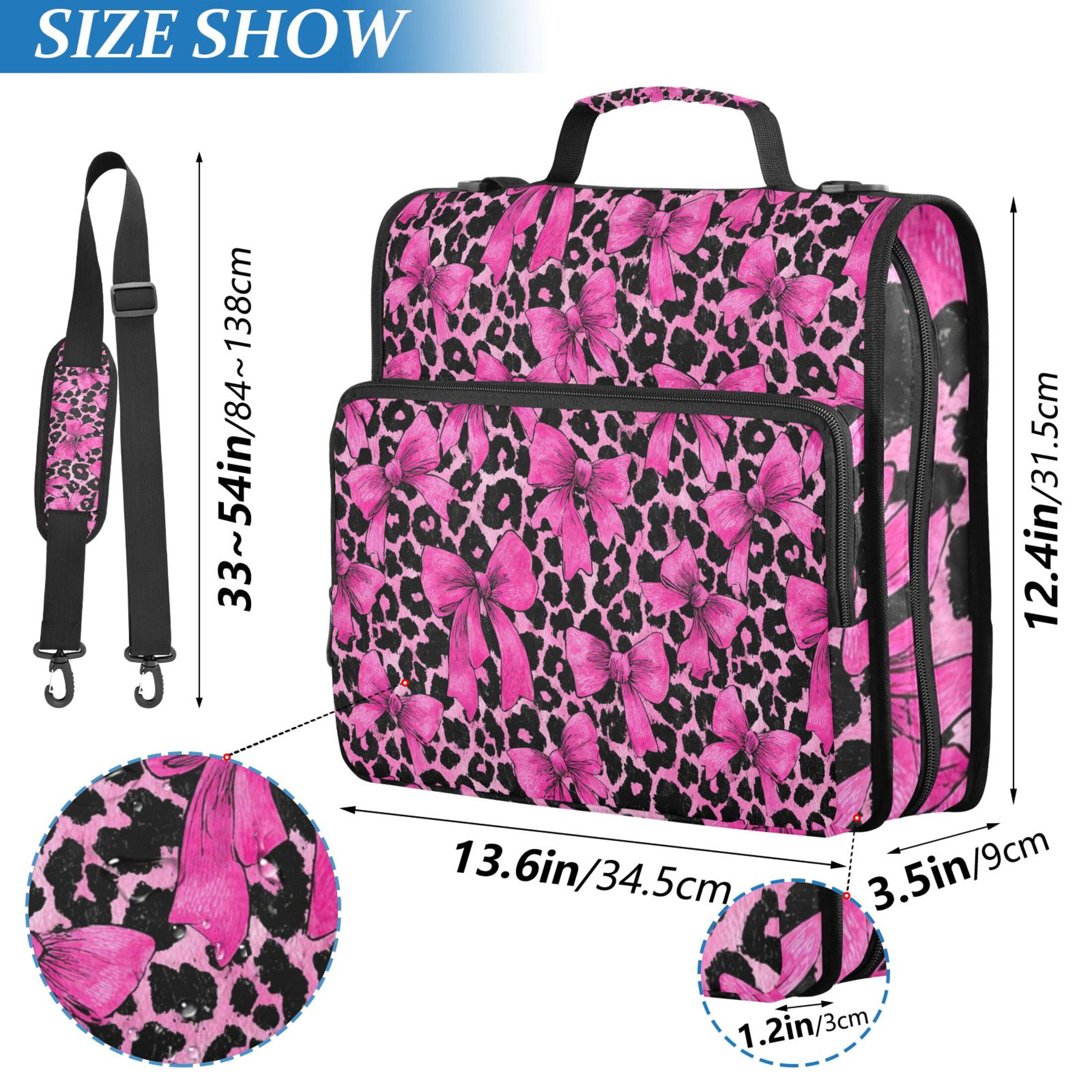 Zipper Binder Bow and Leopard Print 1.5 Inch Binder Folder Bag with Shoulder Strap and Handle